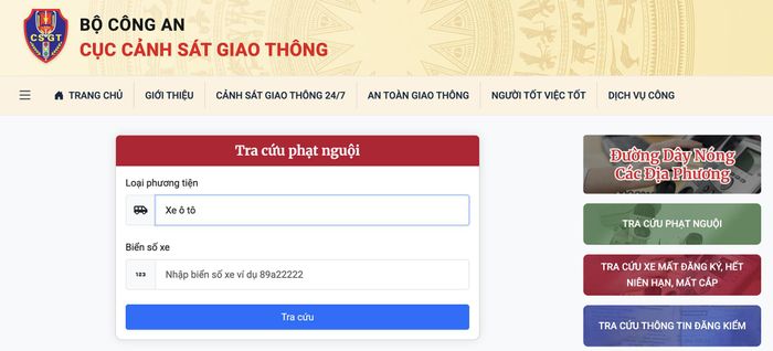Tra cứu phạt nguội trên website của Cục Cảnh sát giao thông. Ảnh chụp màn hình