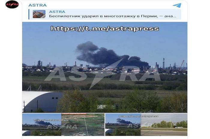 Hãng tin độc lập Astra của Liên bang Nga đăng tải hình ảnh vụ UAV Ukraine tấn công, đánh trúng nhà máy lọc dầu Lukoil-Permnefteorgsintez LLC (PNOS) ở Perm. Ảnh chụp màn hình