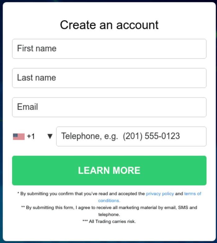 Ví dụ về một biểu mẫu web nhúng trong lừa đảo đầu tư. Điểm mấu chốt của mạng lưới này nằm ở sự kết hợp giữa trình theo dõi quảng cáo và các hệ thống điều hướng lưu lượng thông minh. 