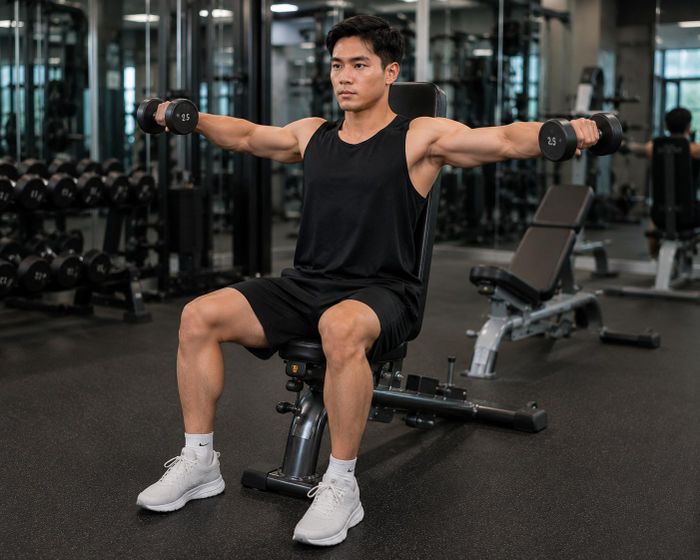 Bài tập nâng ngang vai bằng tạ đơn thường được dùng để phát triển cơ delta giữa, giúp vai trông rộng hơn.