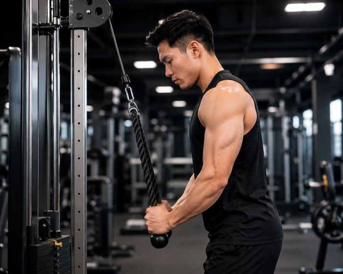 Đẩy tạ tay sau với dây cáp là bài tập quen thuộc dành cho cơ tam đầu cánh tay sau.