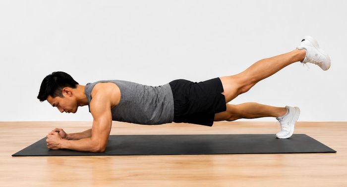 Plank nâng chân giúp tăng hoạt động của cơ mông và cơ đùi sau.