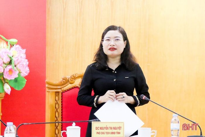 Phó Chủ tịch UBND tỉnh Nguyễn Thị Nguyệt phát biểu chỉ đạo tại cuộc họp.