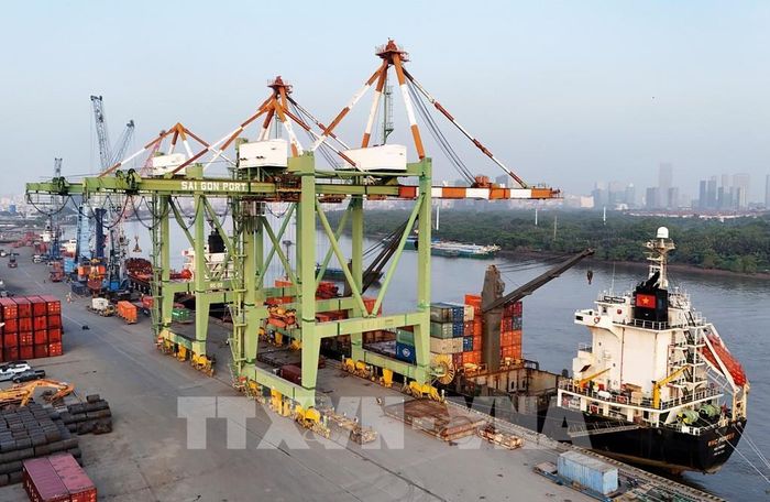 Cần cẩu giàn tại cảng Sài Gòn - Tân Thuận vận hành tàu container. Ảnh: Hồng Đạt - TTXVN