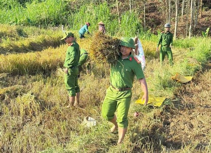  Chiến sĩ công an chung tay người dân trong lao động, sản xuất. Ảnh: P. Bé