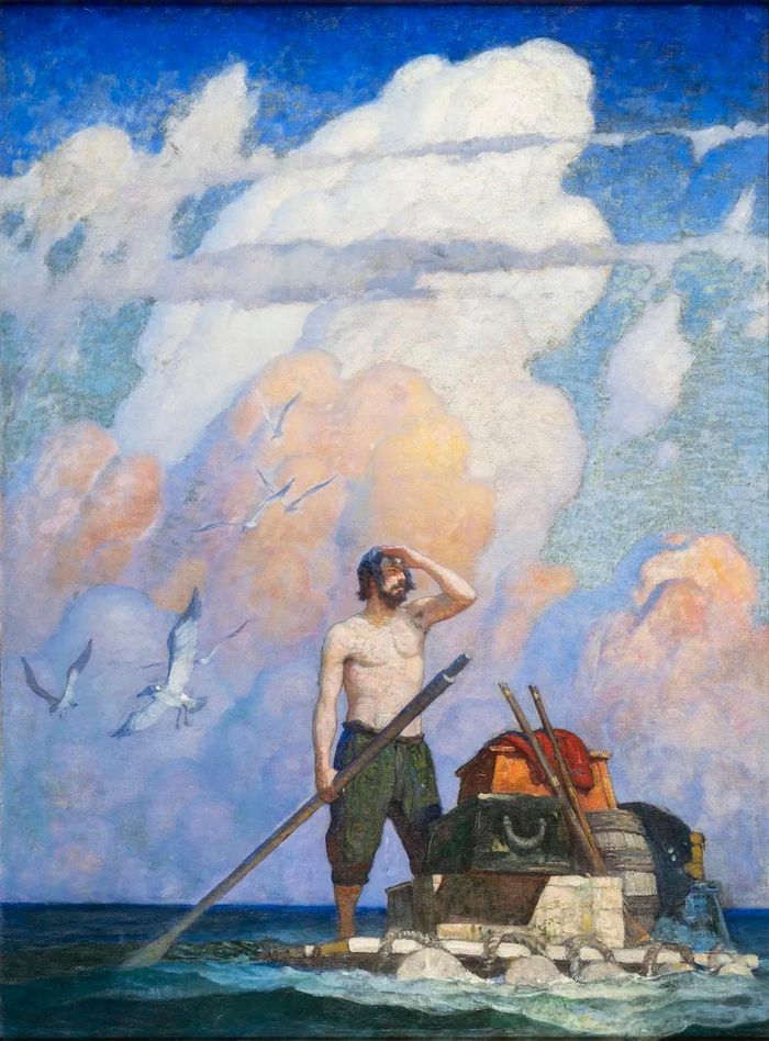 Bức “For a Mile, or Thereabouts, My Raft Went Very Well”, N.C. Wyeth, 1920, minh họa cho cuốn “Robinson Crusoe”, sẽ được trưng bày tại bảo tàng