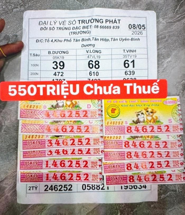 Giải độc đắc và giải an ủi của vé số Bình Dương trúng tại TPHCM. Ảnh: ĐLVS Thùy Dương, Trường Phát