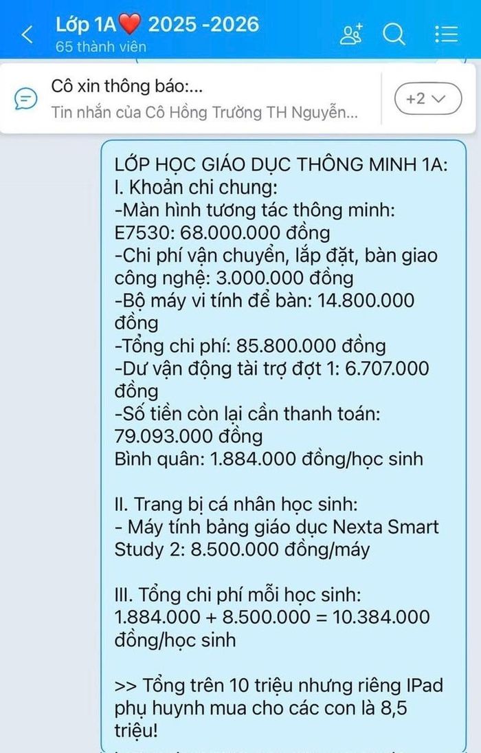 Thông báo các khoản chi phí lớp học thông minh lớp 1A Trường Tiểu học Nguyễn Du. Ảnh: Phụ huynh cung cấp