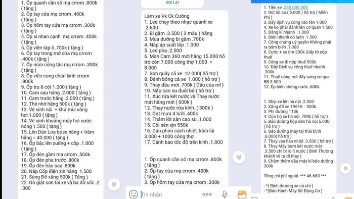 Danh sách phụ tùng và hạng mục sửa chữa được người bán liệt kê với nhiều mức giá gây tranh cãi. Ảnh: NVCC.