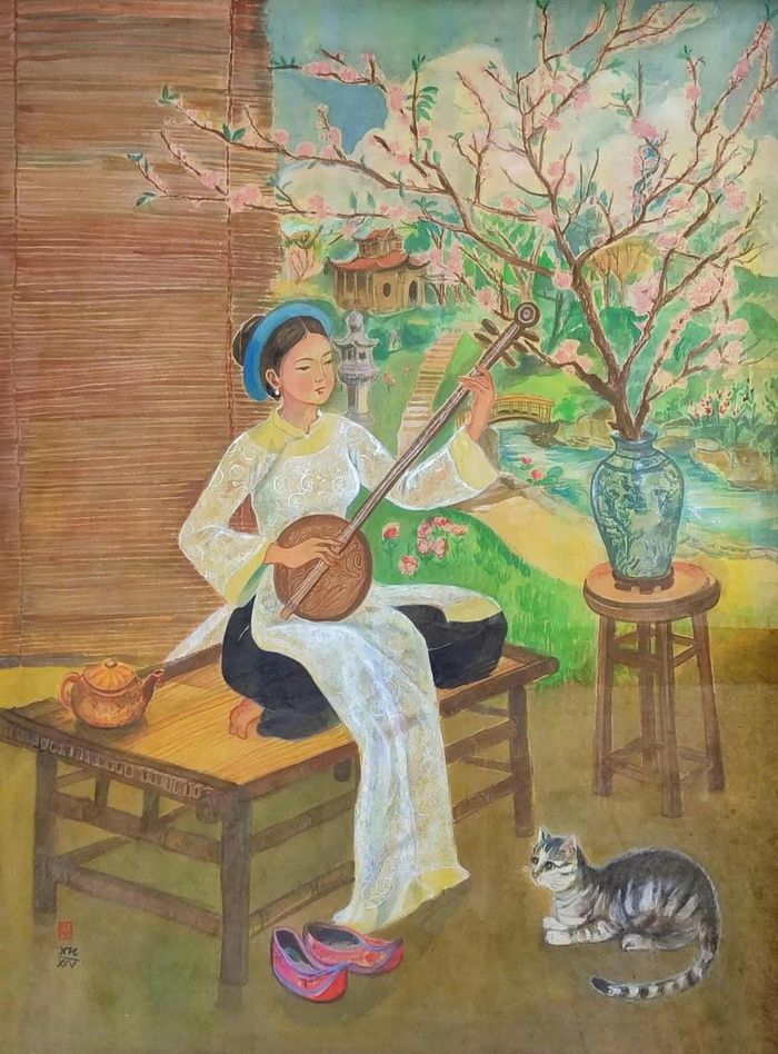 "Cung đàn Xuân" - tranh lụa của họa sĩ Lê Ngọc Huyền.
