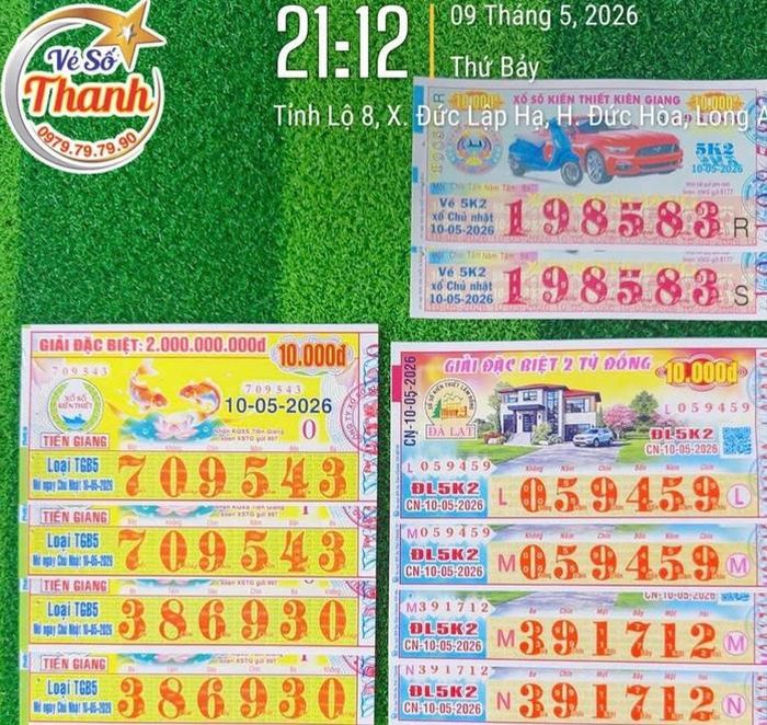 Xổ số miền Nam ngày 10-5 sẽ mở thưởng đối với vé số của 3 đài là Kiên Giang, Tiền Giang và Đà Lạt. Ảnh: ĐLVS Thanh