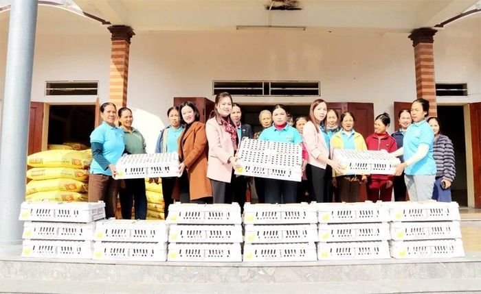 Hội LHPN tỉnh trao con giống cho các thành viên THT chăn nuôi gà thôn Thành Bảo.