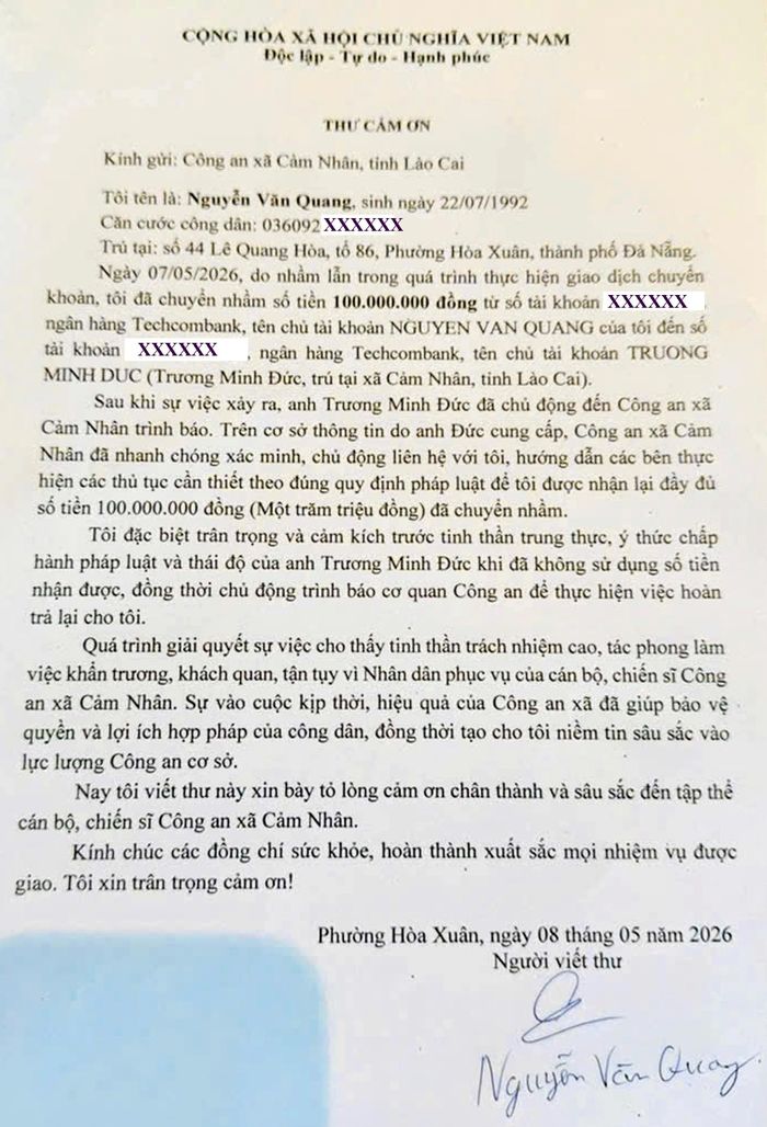 Người dân viết thư bày tỏ lòng biết ơn đối với Công an xã Cảm Nhân.
