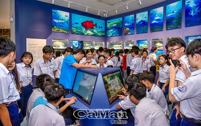 Thầy và trò Trường THCS Trần Huỳnh trải nghiệm không gian số hóa tại Bảo tàng Tổng hợp tỉnh.