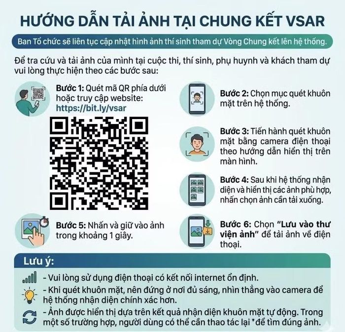 Thí sinh, giáo viên, phụ huynh có thể tìm kiếm hình ảnh của mình tại Chung kết VSAR 2025 - 2026 theo hướng dẫn trong ảnh này.