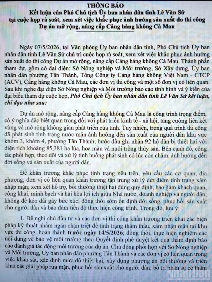 Thông báo truyền đạt ý kiến kết luận của lãnh đạo tỉnh Cà Mau liên quan vụ cá chết.