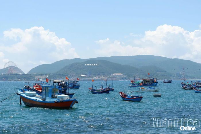 Biển xanh lấp lánh dưới nắng cùng những con tàu đánh cá tạo nên vẻ đẹp yên bình của làng biển.