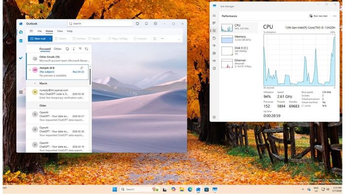 Mức sử dụng CPU tăng lên 94% khi mở Outlook
