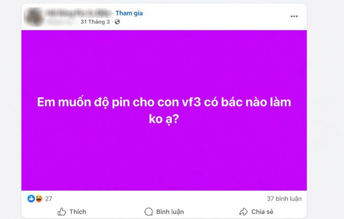 Bài đăng tìm người "độ pin" cho xe VF3 thu hút nhiều bình luận trao đổi (Ảnh chụp màn hình)