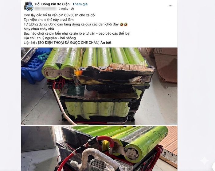 Bức ảnh ghi lại cảnh khối pin 60V-30Ah dùng cho xe độ bị cháy đen, bong tróc (Ảnh chụp màn hình)