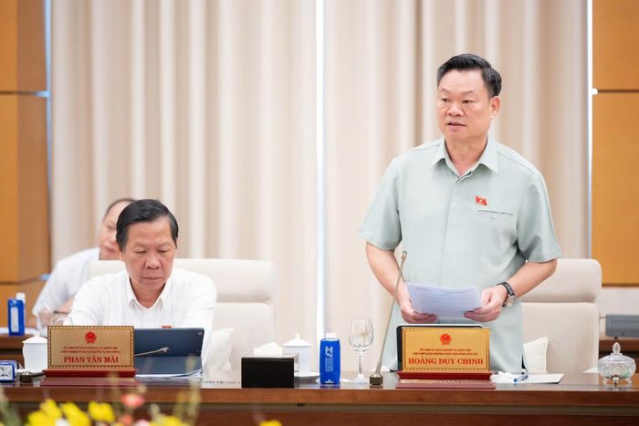 Phó Chủ tịch Thường trực Hội đồng Dân tộc của Quốc hội Hoàng Duy Chinh phát biểu tại phiên họp.
