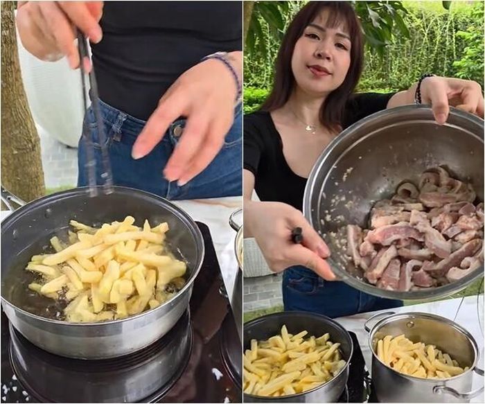 Song song với món chính, bà xã Mạnh Trường còn chuẩn bị thêm khoai tây chiên và thịt nọng heo để làm phong phú thực đơn. Thịt nọng heo được thái miếng vừa ăn, tẩm ướp hành tỏi và một chút vừng để tăng thêm độ thơm.