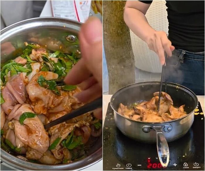 Ngoài các món thịt, Phương Phạm còn trổ tài làm món dạ dày chiên lá móc mật để làm món nhắm cho các quý ông. Dạ dày được sơ chế sạch, tẩm ướp kỹ và chiên cùng lá móc mật để khử mùi và tạo hương vị thơm nồng.