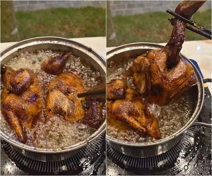 Những chú chim được chiên ngập dầu trong nồi, bắt đầu chuyển sang màu vàng cánh gián vô cùng đẹp mắt. Phương Phạm lưu ý việc lọc lấy nước cốt gia vị khi ướp sẽ giúp lớp da khi chiên không bị cháy bởi xác hành tỏi.