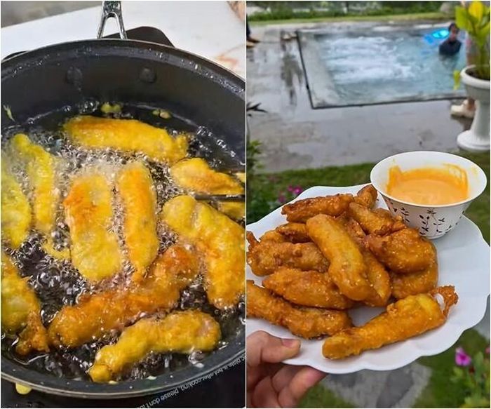Món thịt nọng sau khi tẩm bột được đưa vào chảo chiên giòn rụm, vàng đều các mặt. Thành phẩm là đĩa thịt thơm nức mũi, vừa mềm bên trong lại vừa giòn bên ngoài, ăn kèm cùng nước sốt đậm đà.