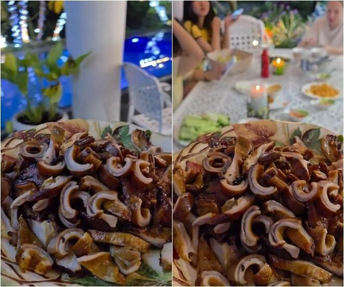 Đĩa dạ dày chiên sau khi hoàn thiện được thái lát mỏng, bày biện bắt mắt chuẩn bị lên bàn tiệc. Màu sắc bắt mắt của món ăn kết hợp cùng không gian lung linh của biệt thự về đêm tạo nên một kỳ nghỉ thật sự đáng nhớ.