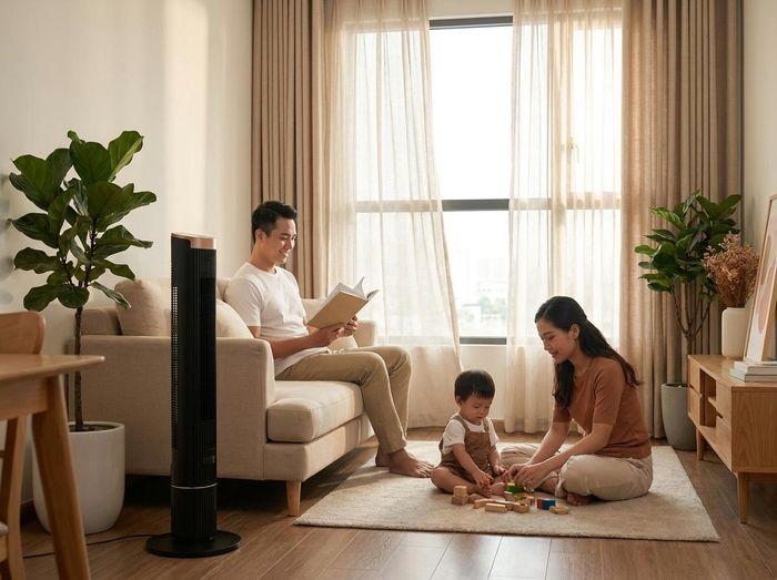 Gia đình thư giãn trong phòng khách mát mẻ với quạt tháp Fujihome Smartwind. Ảnh minh họa: Fujihome
