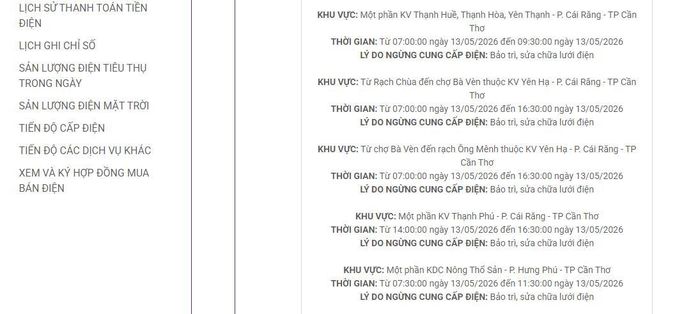 Lịch ngừng cấp điện tại Cần Thơ ngày mai 13/5 được cập nhật trên website của EVNSPC. Ảnh: BNEWS phát