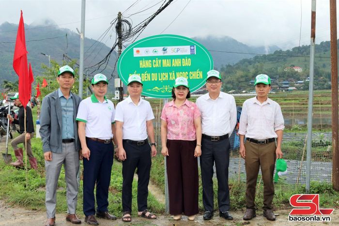 Đoàn công tác trao biển Hàng cây mai anh đào cho xã Ngọc Chiến.