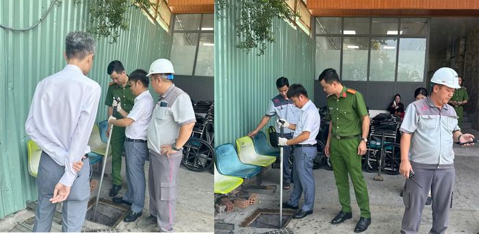 Cơ quan chức năng thu gom mẫu nước thải để kiểm tra. 