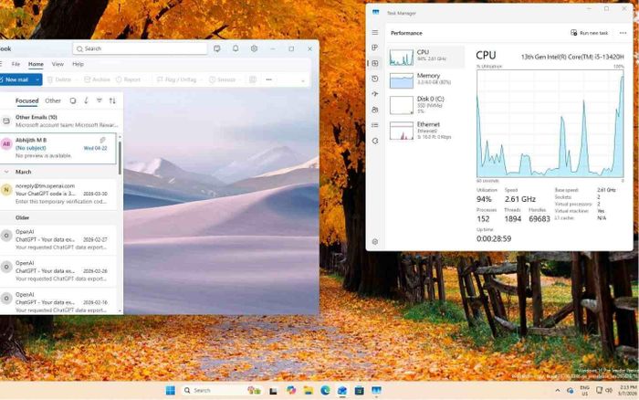 Mức sử dụng CPU đã tăng lên 94% khi mở Outlook (Nguồn: Internet)