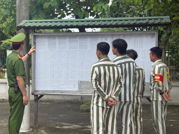 Cán bộ Trại giam Suối Hai hướng dẫn phạm nhân tìm hiểu các quy định về đặc xá.