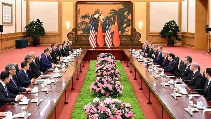 Cuộc hội đàm giữa Chủ tịch Trung Quốc Tập Cận Bình và Tổng thống Mỹ Donald Trump tại thủ đô Bắc Kinh ngày 14-5 Ảnh: TÂN HOA XÃ