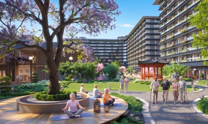 Onsen Retreat Nam Hà Nội xây dựng một hệ sinh thái trị liệu khép kín với các tiện ích như tắm onsen, spa trị liệu và không gian xanh phục hồi thể chất. Ảnh phối cảnh Nguồn Onsen Fuji