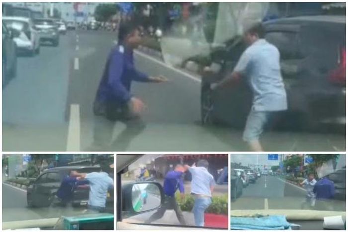 Đoạn video ghi lại cảnh Thắng và Phi dừng xe giữa đường, cự cãi rồi lao vào xô xát ngay tại làn ô tô đang lưu thông.