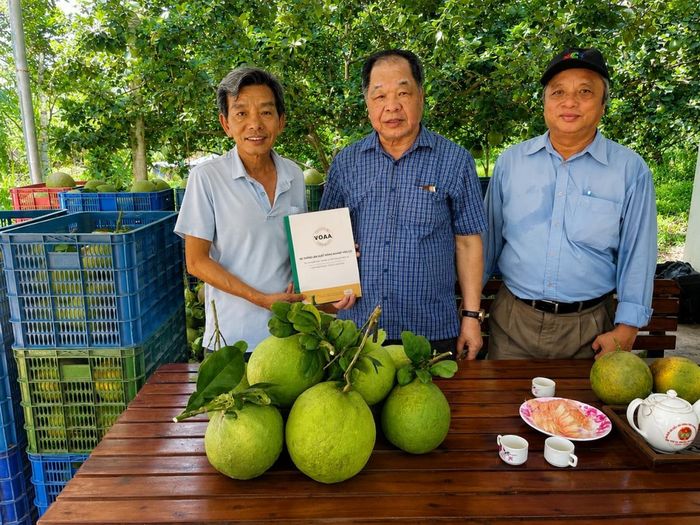 Đoàn công tác Hiệp hội Nông nghiệp hữu cơ Việt Nam trao sách hướng dẫn sản xuất nông nghiệp hữu cơ cho ông Bùi Thiện Trúc tại vườn bưởi hữu cơ ở xã Minh Thạnh (TP.HCM).