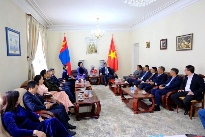 Đoàn thăm, làm việc với Đại sứ quán Việt Nam và gặp gỡ cộng đồng người Việt Nam tại Mông Cổ. Ảnh: Trần Quỳnh Mai