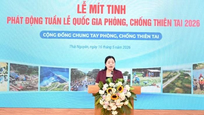 Bà Nguyễn Thị Loan, Ủy viên Ban Thường vụ Tỉnh ủy, Phó Chủ tịch Ủy ban nhân dân tỉnh Thái Nguyên phát biểu tại lễ mít-tinh.