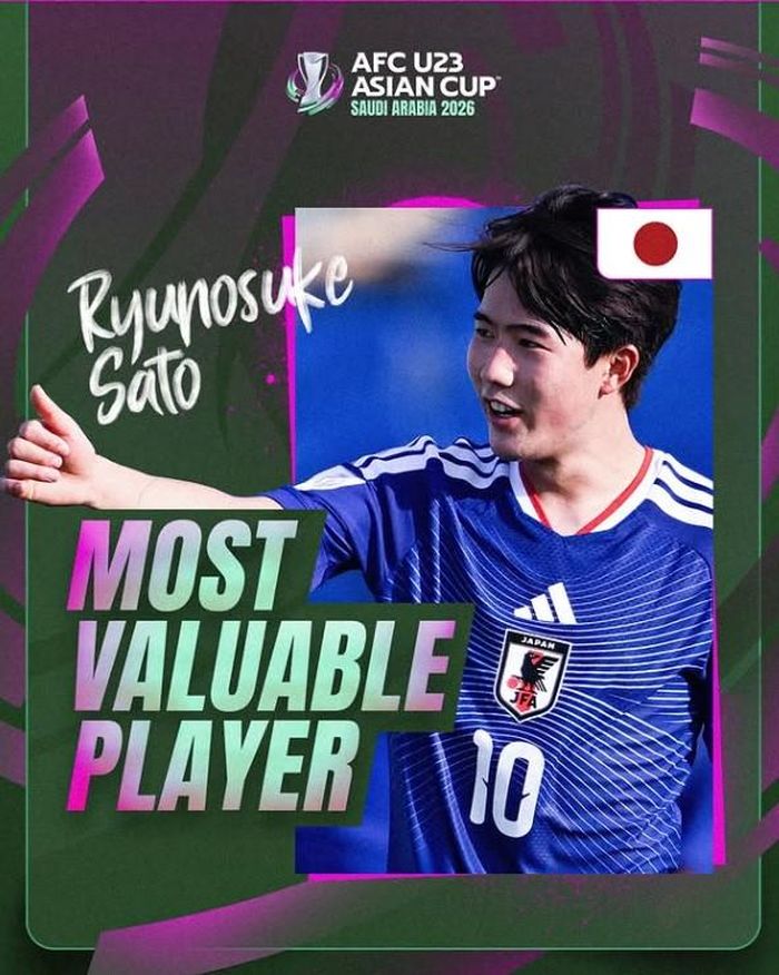 Không chỉ vô địch U23 châu Á 2026 mà tuyển thủ Nhật Ryunosuke Sato còn được trao danh hiệu "Cầu thủ xuất sắc nhất giải"