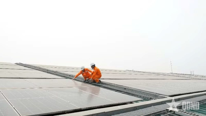 Công nhân Công ty Điện lực Ninh Bình hỗ trợ khách hàng lắp điện mặt trời.