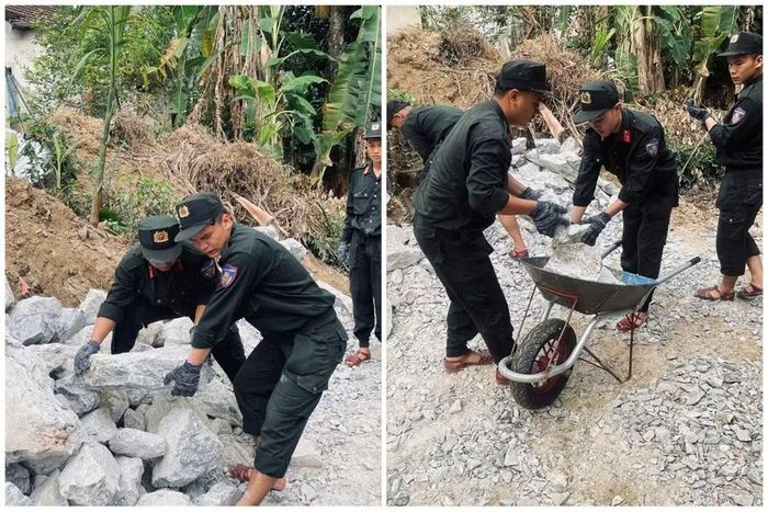 Các chiến sĩ nhanh chóng bắt tay vào vận chuyển vật liệu, đào móng, dựng cột. Dưới cái nắng đầu hè, màu áo CSCĐ càng trở nên nổi bật giữa công trường đầy nghĩa tình.