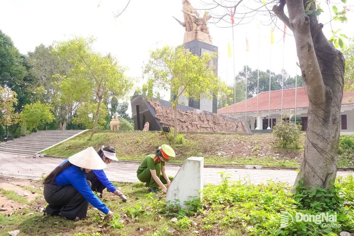 Đoàn viên phường Tân Khai chăm sóc cảnh quan khu vực bia tưởng niệm tại Di tích lịch sử quốc gia Chốt chặn Tàu Ô. Ảnh: Lê Duy