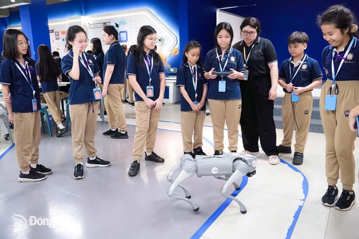 Học sinh Trường TH-THCS-THPT Song ngữ Á Châu (phường Trấn Biên) tương tác với robot thông minh ứng dụng AI. Ảnh: Công Nghĩa