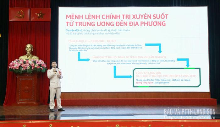 Phần thi thuyết trình của Đại úy Lưu Minh Thịnh, Trưởng Ban Thanh niên Công an tỉnh, Phòng Công tác chính trị - thí sinh giành giải nhì hội thi