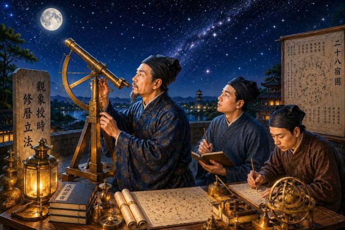 Tái hiện cảnh nhà khoa học Đặng Lộ và các học trò say mê nghiên cứu thiên văn.