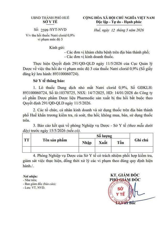 Công văn của Sở Y tế Tp. Huế về việc thu hồi thuốc Natri clorid 0,9% (Số giấy đăng ký lưu hành: 893100060724) vi phạm mức độ 3 